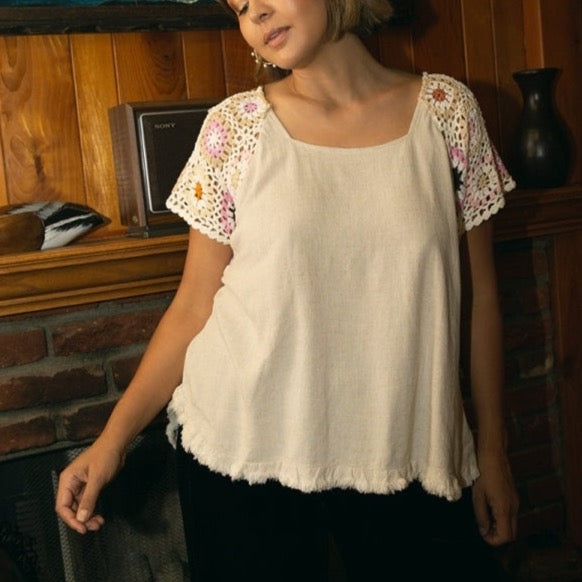 Short Sleeve Oatmeal Crochet Sleeve Top